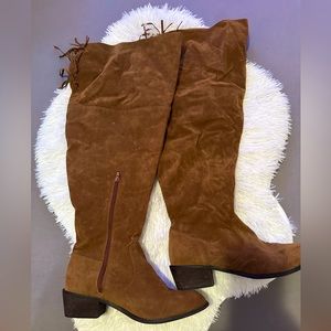 Brown plus size thigh high boot low heel size 11W